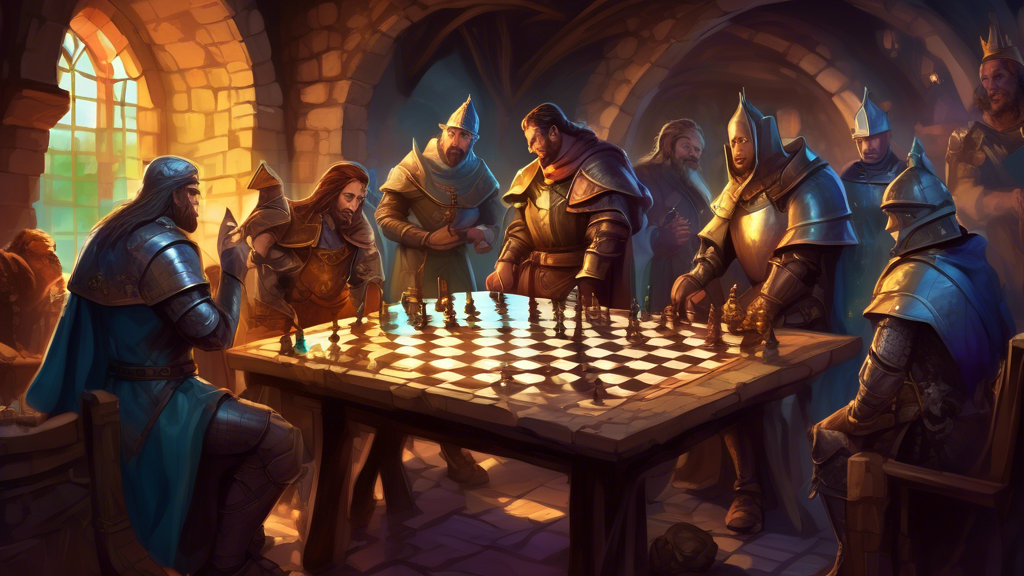 A digital painting of a medieval fantasy tavern where characters, resembling chess pieces such as kings, queens, knights, and pawns, are gathered around a map, planning their next move in a grand stra