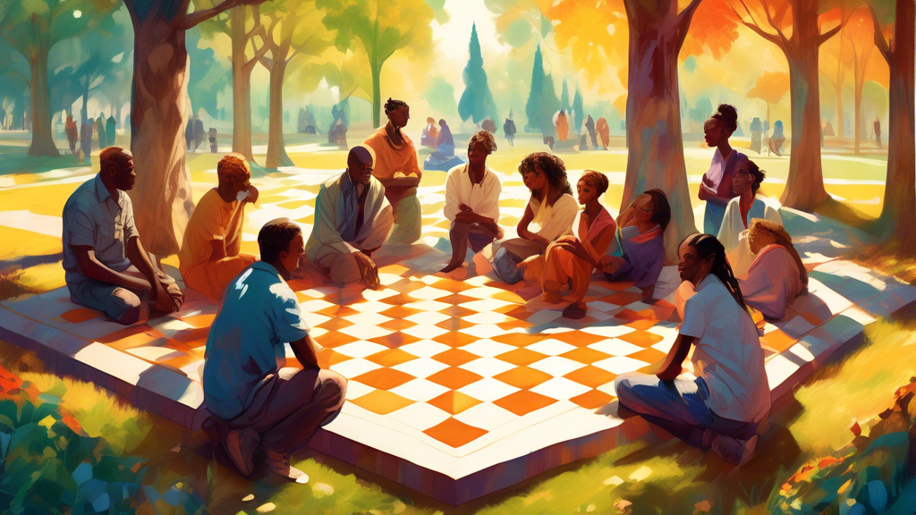 An artistic visualization of diverse people of various Thomas Temperament Types sitting around a large, ornate chessboard, each contemplating their next move, in a serene park setting with light shini