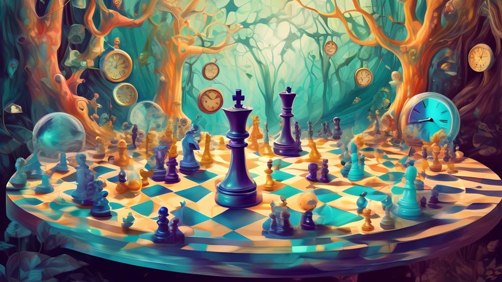 A surreal chessboard setup in a mystical forest, with pieces moving backwards and floating ideas of clocks, portals and historical figures in mid-game, encapsulated in a bubble of wavy time layers.