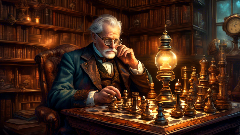 An intricately detailed steampunk-inspired chessboard with ornate, mechanical chess clocks and brass and copper chess pieces, set in a dimly lit Victorian library filled with books and vintage maps, a