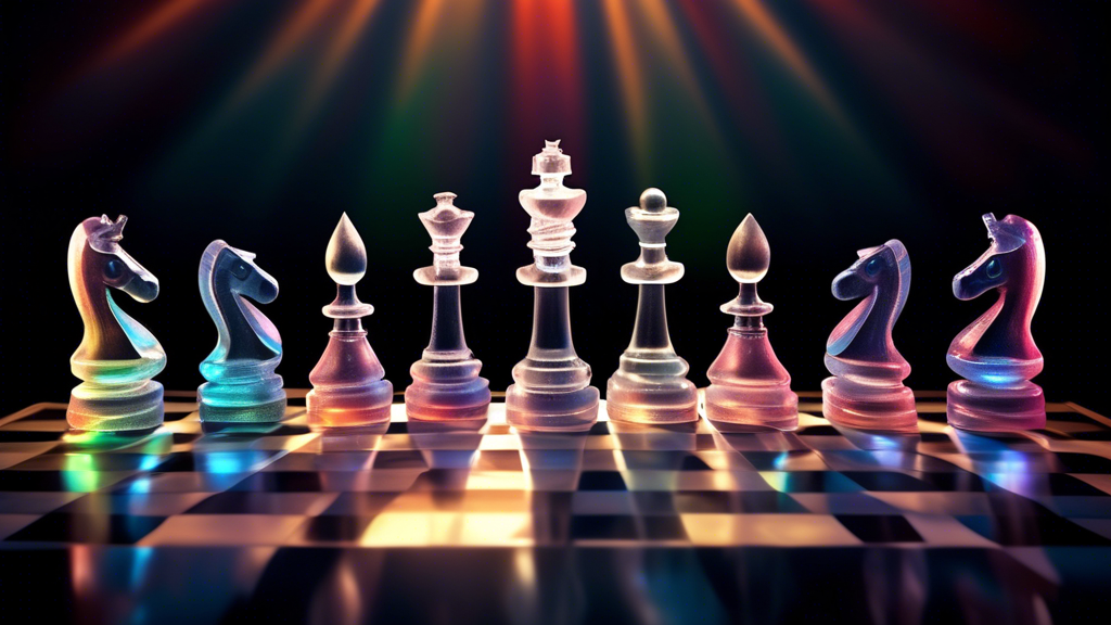 An artistic interpretation of various chess pieces including a king, queen, and a knight, made of crystal, shimmering under a spotlight, with a numerical ELO rating score hovering above each piece, in