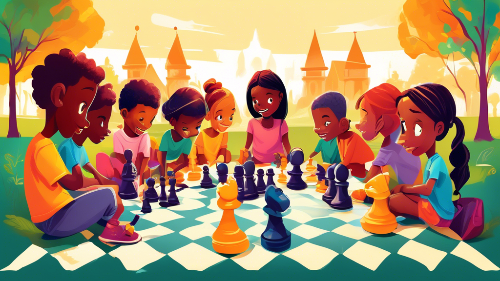 A vibrant illustration of a diverse group of children gathered around a large, whimsical chessboard in a sunny park, learning and playing chess with oversized, colorful chess pieces.