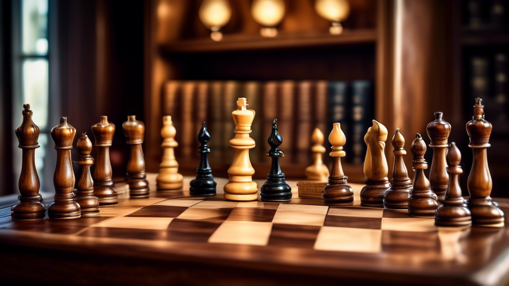 A beautifully crafted, traditional wooden chess set displayed on a vintage table, with a certificate of authenticity elegantly placed beside it, in an old library room lit by a soft, diffused light.