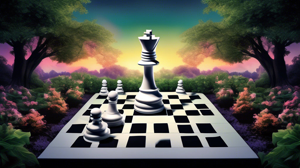 An artistic representation of a grand chessboard at the start of the game, with the white and black pieces positioned to begin play, highlighting the white pawn moving forward as its first move, set i