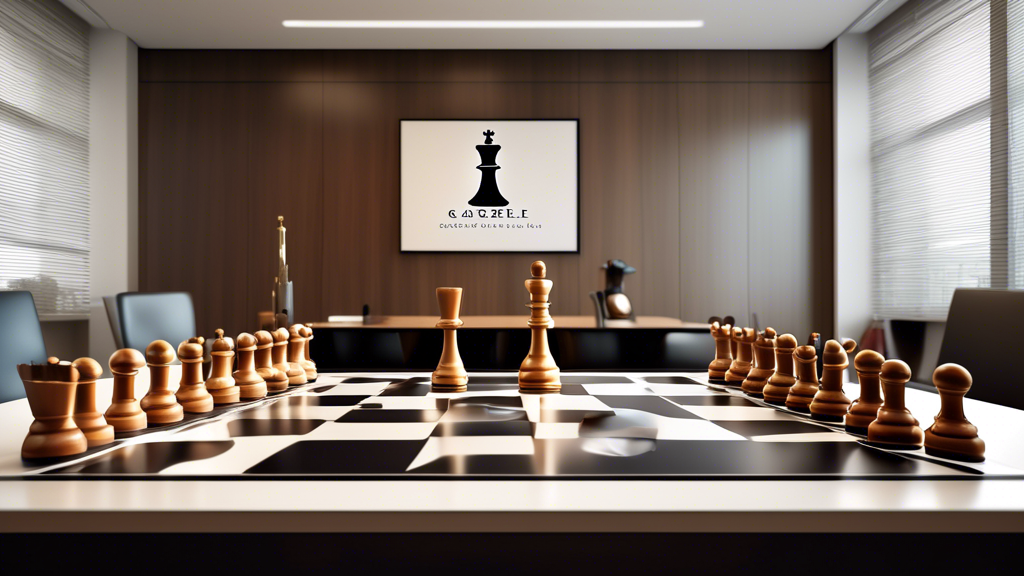 A sleek, modern chessboard integrated into an elegant office environment, featuring chess pieces shaped like legal symbols such as gavels and scales of justice, with the firm's logo, Chess and Moore L