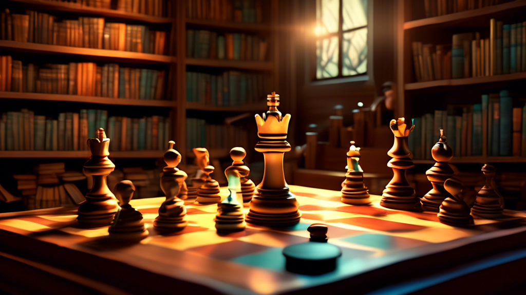 An intricate chessboard setup showing the final move of a brilliant checkmate, with detailed, stylized chess pieces, in a cozy library setting filled with books and a gentle glow of a reading lamp, ev