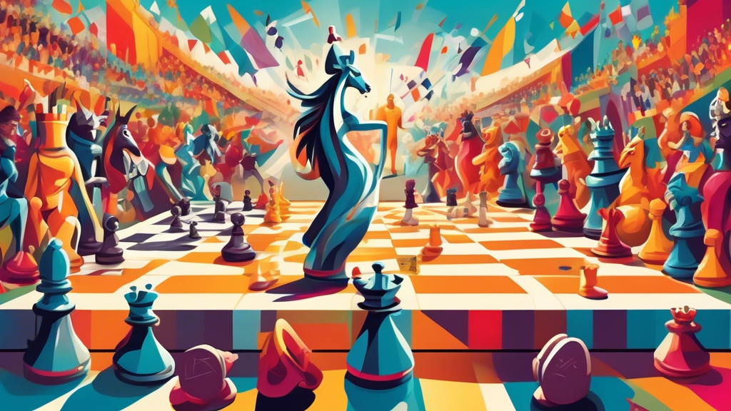 An imaginative scene of chess pieces competing in various Olympic sports, with a queen doing gymnastics, a knight hurdling, and a rook throwing a javelin, set in a grand Olympic stadium filled with ch