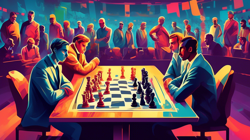 A vivid digital artwork depicting a grand chess tournament with players deep in thought, the intense atmosphere akin to a major sports event, with a crowd watching in suspense, large digital scoreboar