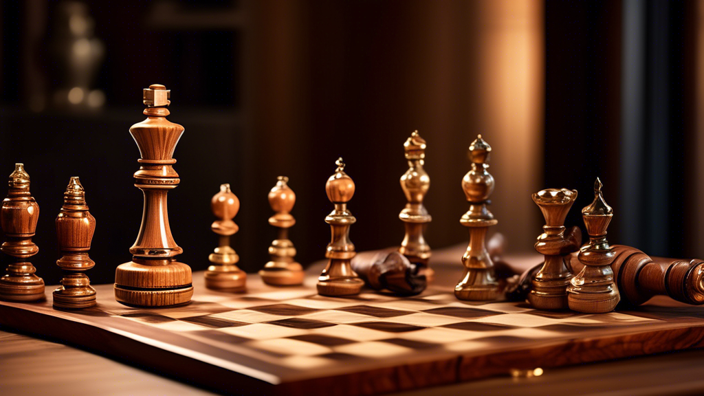 Detailed display of luxurious, handcrafted chess pieces made from exotic woods and fine metals, set up on a high-quality chess board, with an artisan's tools subtly visible in the background, in a dim