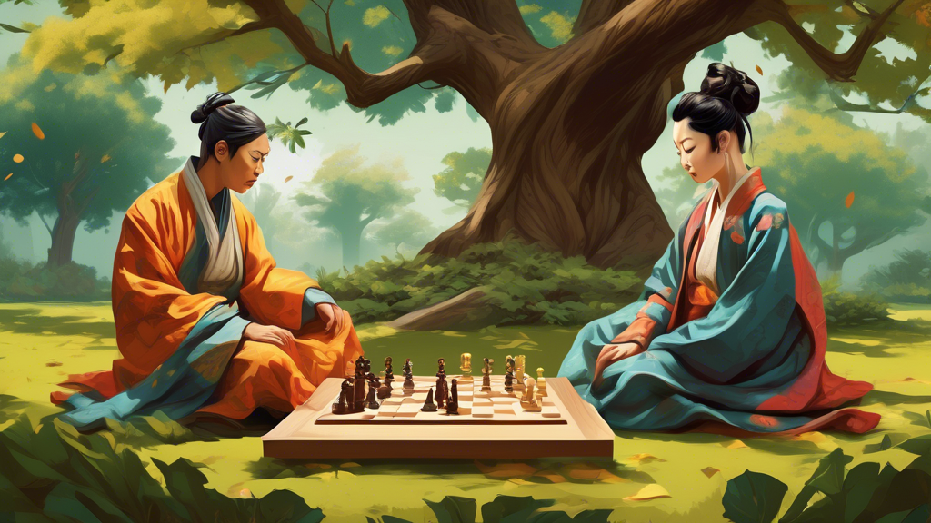 An artistic representation of a chessboard seamlessly merging into a Go board, set in a tranquil garden with two players, one dressed in traditional Western attire and the other in East Asian garments