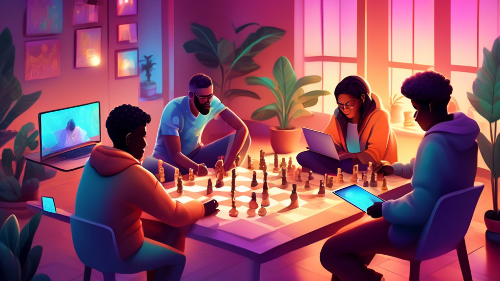 A digital illustration of a diverse group of people of different ages and ethnicities, playing chess on various devices like laptops, tablets, and smartphones, with a glowing, holographic chessboard p