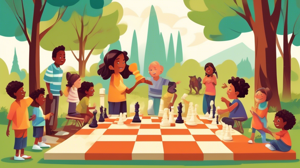 An idyllic outdoor park setting with a diverse group of children of various ages and ethnicities playing on giant chess pieces, surrounded by trees and picnic blankets, with parents cheering them on a