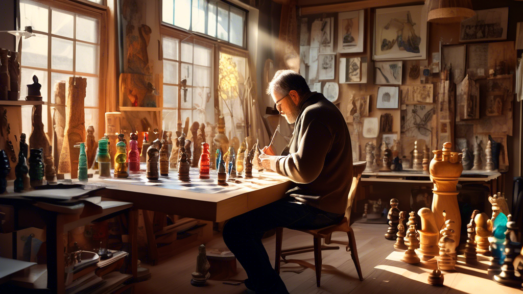 An artist's studio with sketches and sculptures of chess pieces made from various materials such as wood, glass, metal, and stone, illuminated by soft, natural light, showcasing a range of textures an