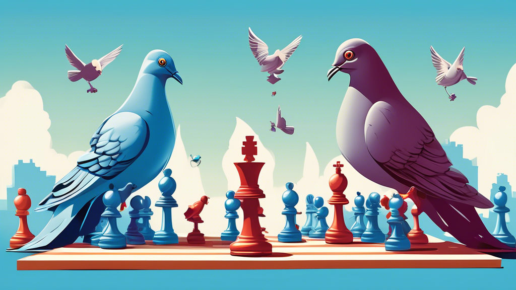 An intelligent pigeon making a strategic chess move against a baffled human opponent in an urban park setting, with chess pieces that whimsically resemble different birds, under a clear blue sky.