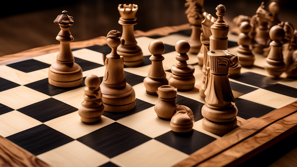 Create an image of an intricately designed bird's eye maple chess board, with a close-up view emphasizing the unique, swirling patterns of the wood grain. The chess pieces are elegant, carved from ebo