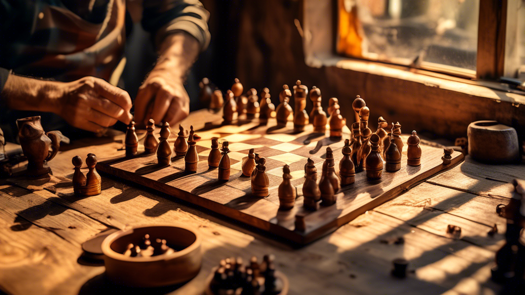 An artisan meticulously restoring an antique wooden chess set in a sunlit, cozy workshop, with wood polish, brushes, and scattered chess pieces on a rustic table.