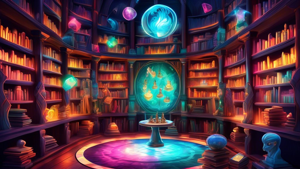 A vibrant digital artwork depicting a fantasy library with shelves filled with various ancient and mystical board games, each resembling chess but with unique twists, such as circular boards, pieces s