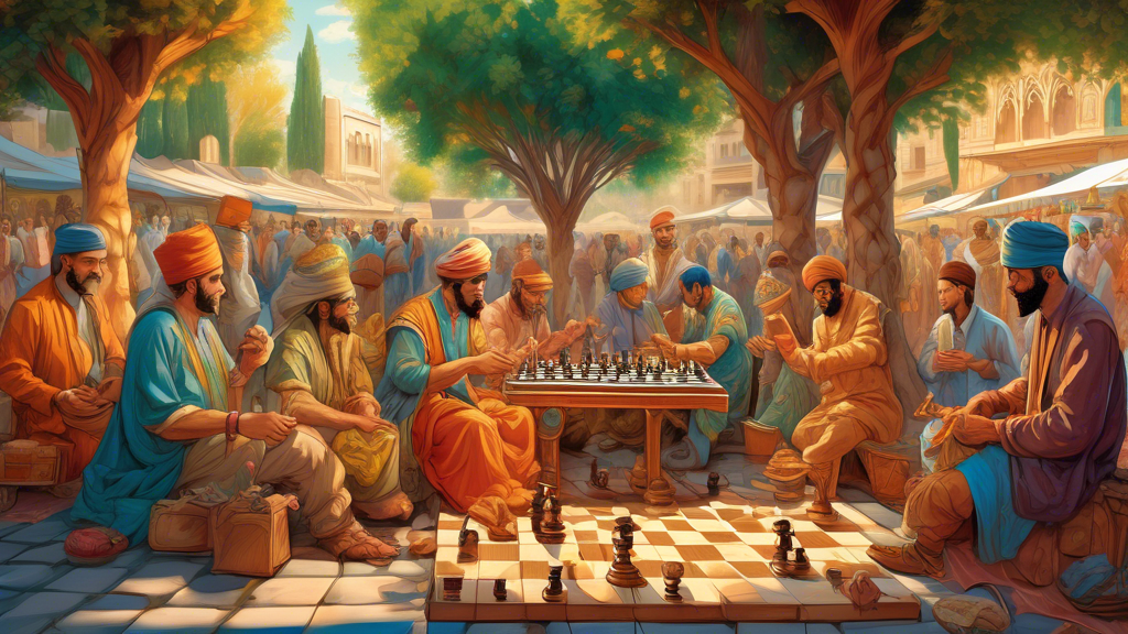 A vivid, detailed illustration of ancient Persia during a royal gathering with men and women dressed in traditional outfits, playing an early version of chess with intricately carved pieces, under the