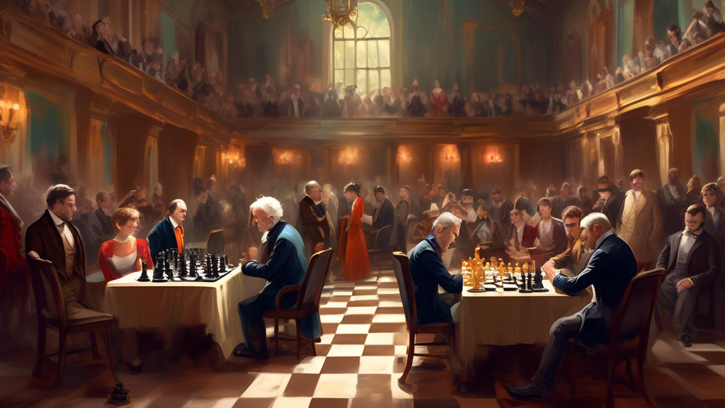 Digital painting of a classic 19th century chess tournament in a grand London hall, featuring historical figures and spectators dressed in period attire, focusing on a distinguished gentleman thoughtf