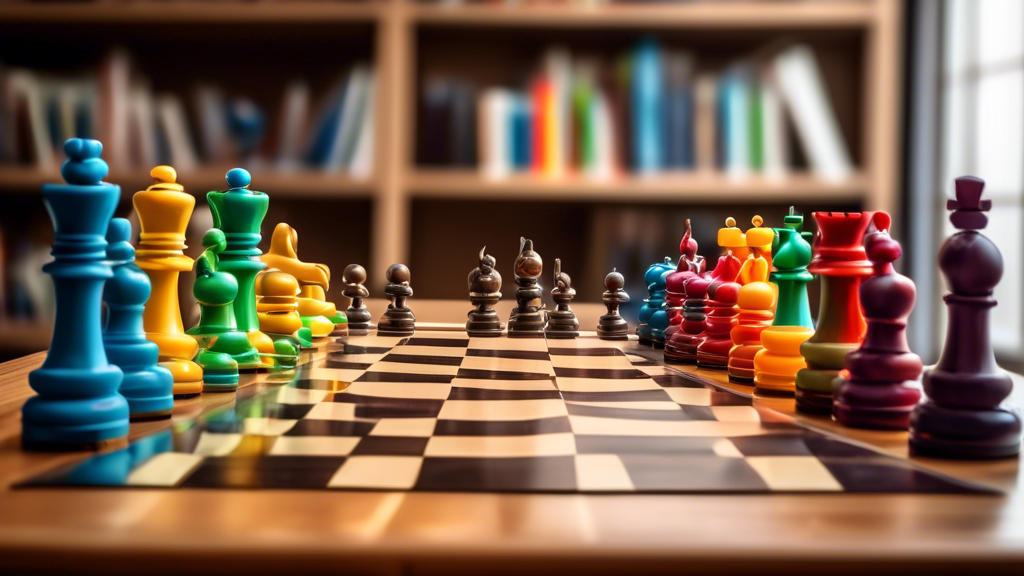 An array of beginner-friendly chess sets neatly displayed on a wooden table, each with unique, colorful, easy-to-distinguish pieces, in a cozy, well-lit study room with bookshelves in the background, 