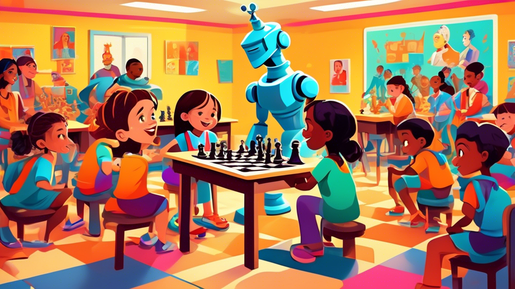 An animated scene in a brightly colored classroom with diverse children of various ethnicities joyfully learning chess from a friendly robot teacher, large chess pieces around them, books and educatio