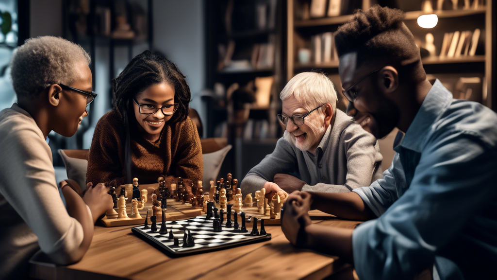 An array of diverse individuals of various ages and ethnic backgrounds enthusiastically gathered around computer screens, deeply engaged in watching and playing chess; some viewers are using tablets a