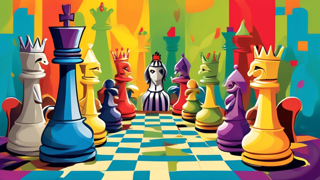 A whimsical classroom setting with various chess pieces like the king, queen, bishop, knight, rook, and pawn animatedly teaching a diverse group of children the rules and strategies of chess in a brig