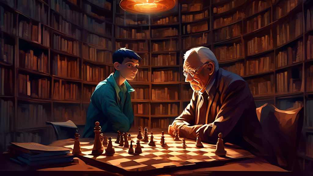 Inspiring digital artwork of a young chess savant, immersed in a game of chess with an elderly grandmaster in an ancient, dimly lit library, surrounded by towering bookshelves filled with classic text