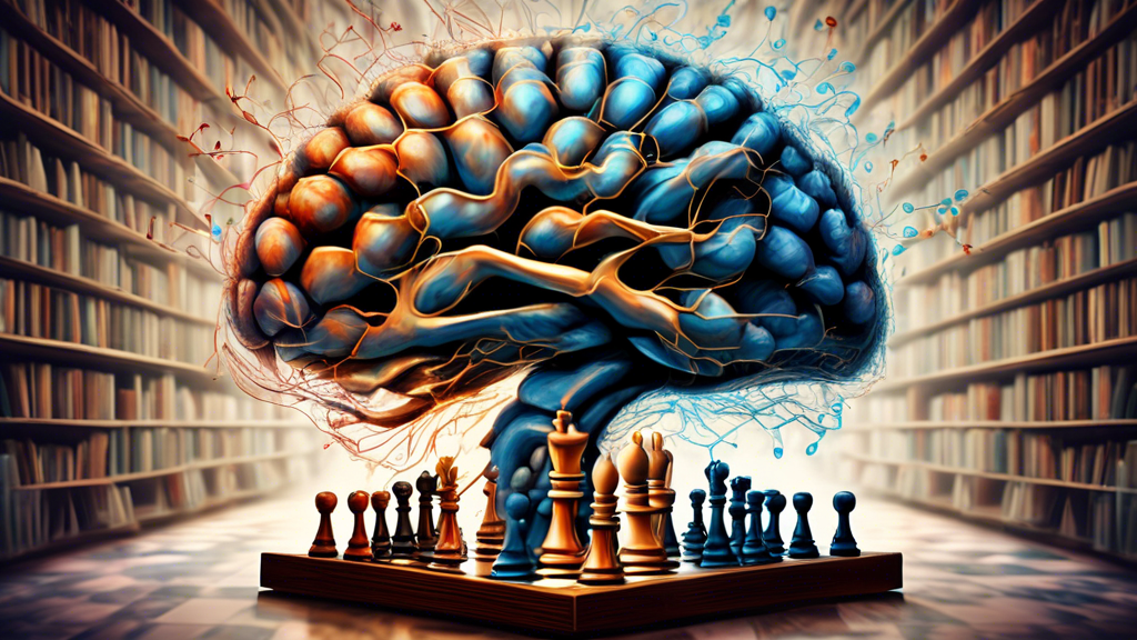 An intricate digital painting of a human brain made of chess pieces, with neurons firing like chess moves, set in a serene library with books and chess boards around, symbolizing mental growth and str