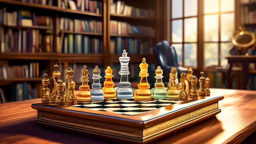 A detailed illustration of a beautifully crafted, ornate chess set displayed on a wooden table with various chess pieces made of crystal and gold, with a magnifying glass hovering over them to emphasi