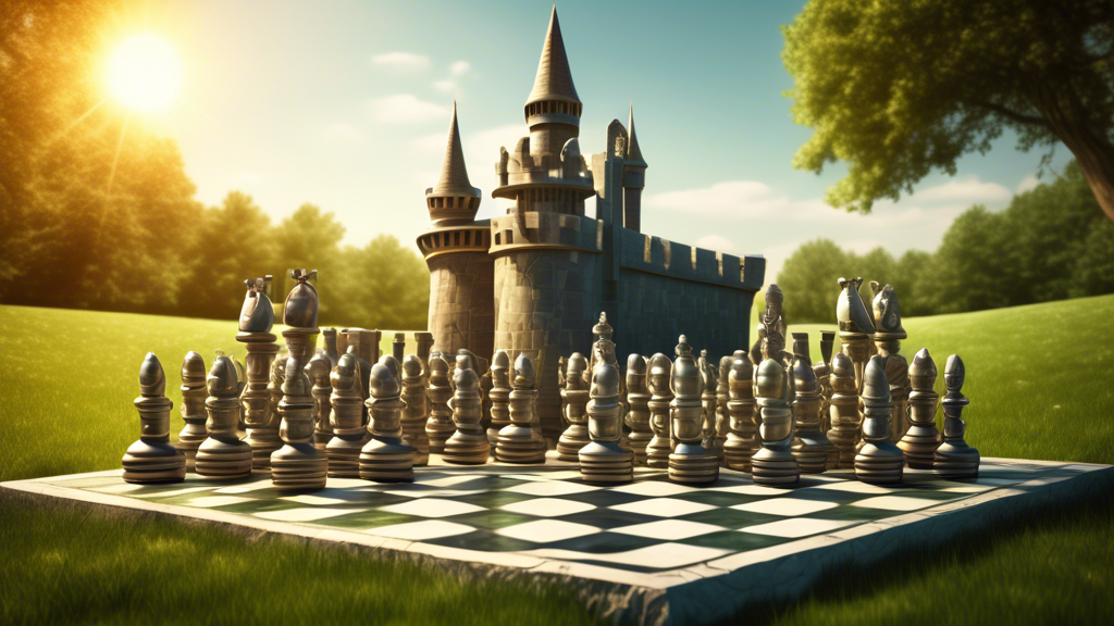 A majestic medieval chessboard set in an outdoor environment, with an oversized, intricately detailed castle chess piece made of stone, strategically illuminated by sunlight, surrounded by other chess