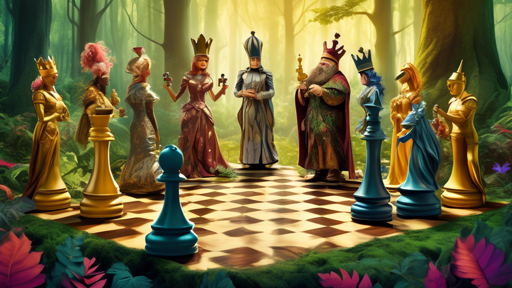 A whimsical, vibrant digital artwork depicting human-sized chess pieces embodying different human personalities in a lush, magical forest setting, with each chess piece displaying unique, expressive c