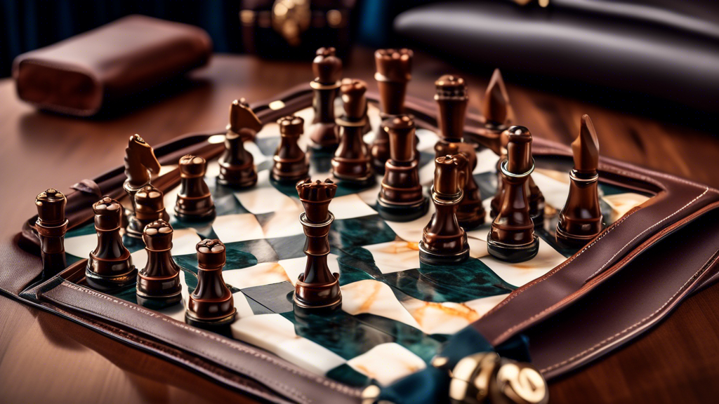 An elegant luxury travel chess set made of exquisite materials like walnut and marble, featuring finely crafted pieces, compact and organized in a high-quality leather case, displayed against the back