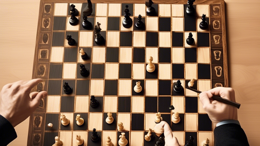 An overhead view of a classic wooden chessboard, with two hands in the process of setting up chess pieces at the beginning of the game, following standard rules; one hand is placing the white king on 