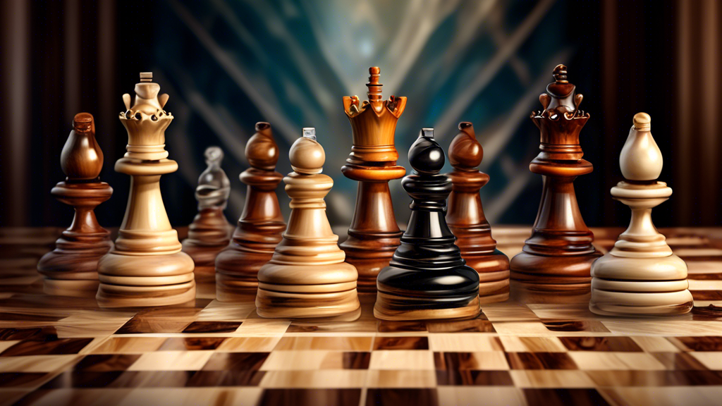 An elegant and detailed image of a variety of official chess boards used in World Chess Championships, showcasing different materials like wood, glass, and marble, each with finely crafted chess piece