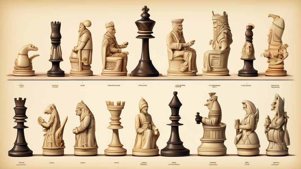 An illustrated timeline showing the evolution of chess sets through the ages, from ancient carved ivory pieces to modern minimalist designs, including detailed artworks of key historical chess sets li