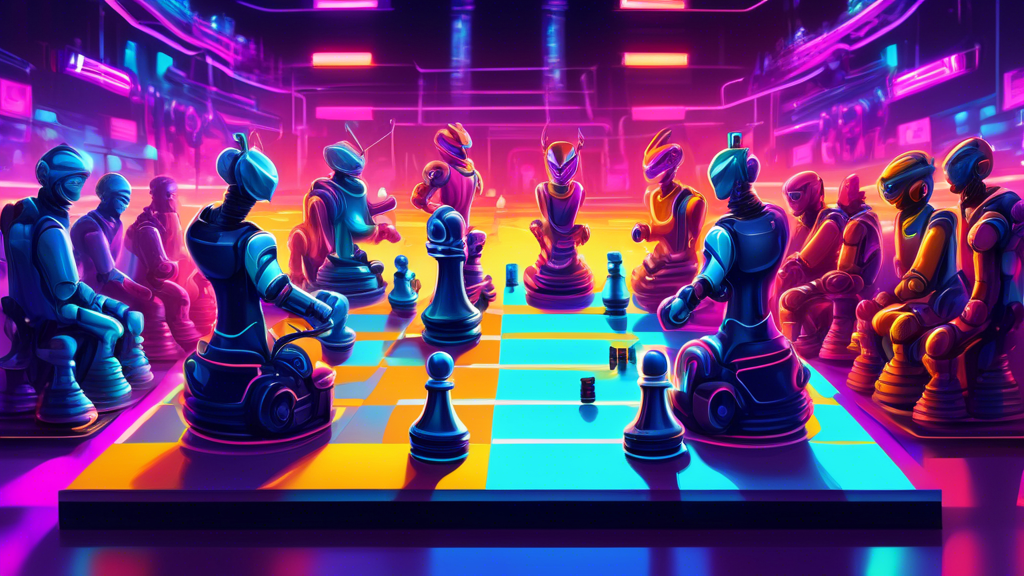 Digital painting of a vibrant, futuristic chess tournament featuring advanced AI robots playing against humans in a crowded, neon-lit arena