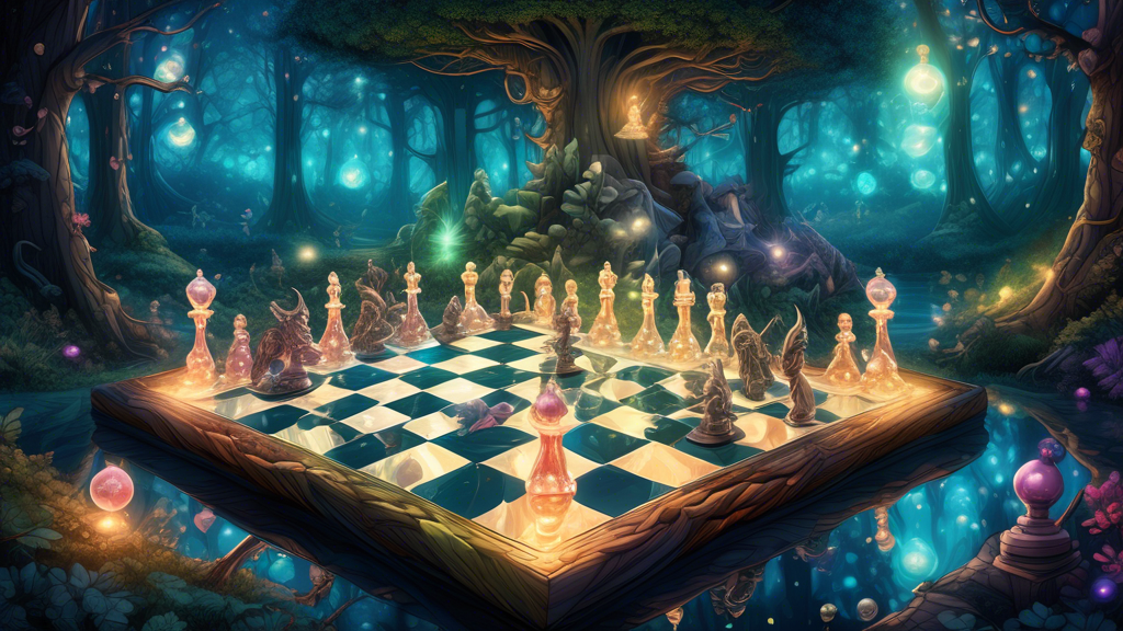 An artistic illustration of a magical chessboard floating in an enchanted forest, with chess pieces shaped like wizards, dragons, elves, and fairies, all intricately carved from crystal and wood, illu