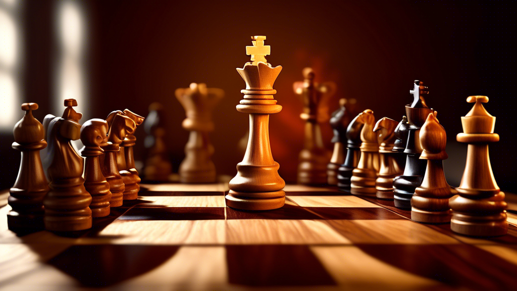 An intense chess game final moment with a focus on a king boldly attacking an opponent's queen, set on a beautifully carved wooden chess board, under dramatic lighting.