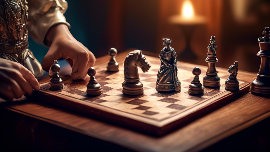 A close-up, highly detailed image of a person's hand thoughtfully choosing between two exquisitely crafted chess pieces, a knight and a queen, on a luxurious wooden chess board, with soft-focus backgr