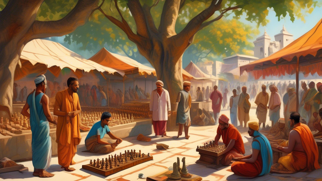 An ancient Indian bazaar bustling with activity, where two scholars are deeply engrossed in playing Chaturanga, the precursor to modern chess, under the shade of a large fig tree. Spectators in tradit