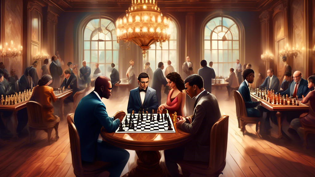 An elegant chess tournament scene with players of different ethnicities wearing formal attire, concentrating deeply while playing on ornate wooden chess boards, under a grand chandelier, in a luxuriou