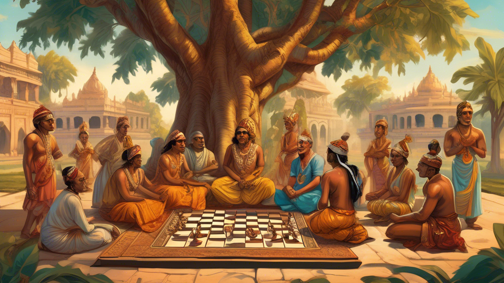 An illustrated ancient Indian scene depicting a group of royal figures and scholars seated around a richly decorated game board, playing Chaturanga, the precursor to modern chess, under the shade of a