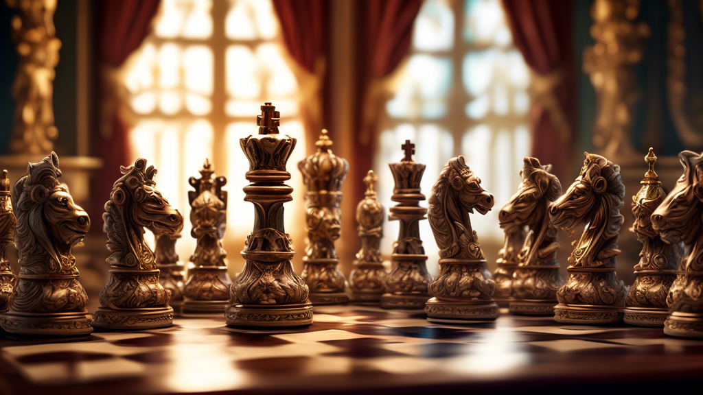 An ornate chess set displayed in a regal, baroque style room with intricate designs on each chess piece, resembling historical figures and mythical creatures, set under a soft, focused light that high