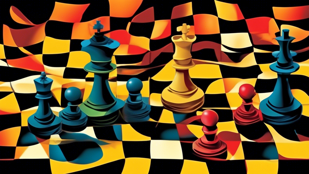 An artistic representation of a chessboard merging with a draughts board, illustrating a blend of pieces from both games, with a thoughtful player contemplating a move while chess and draughts pieces 