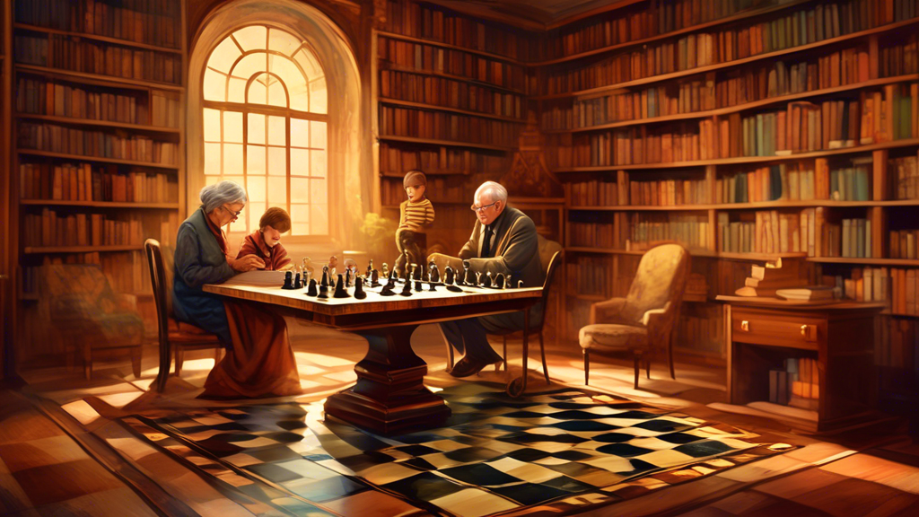 An artistic representation of a grand chessboard seamlessly transforming into a checkers board, set in a warmly lit, vintage-styled library with two players, a child and an elderly person, deeply engr