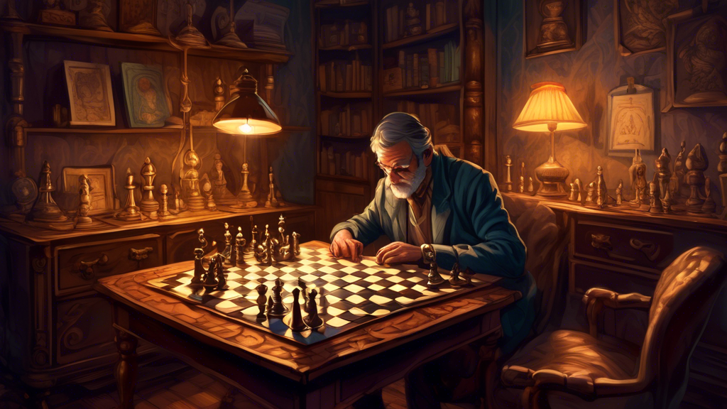 An intricate illustration of a person sitting at a traditional wooden desk analyzing a series of old-fashioned chess scoring books, with a large, ornate chessboard in the background, intricate chess p