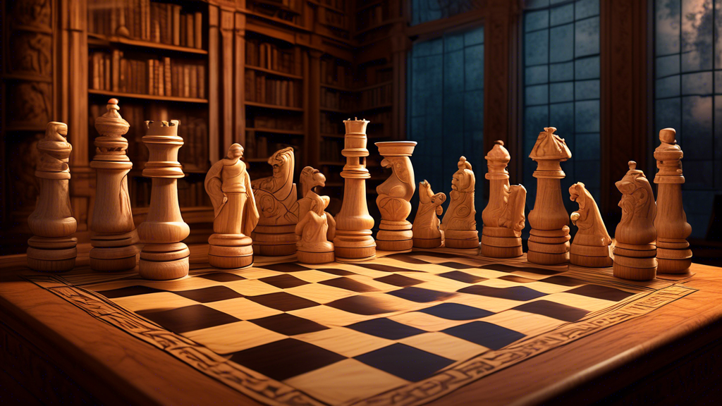 An intricately carved, timeless wooden chessboard at dusk, each chess piece representing different periods of history, with a backdrop of a fading ancient library filled with scrolls and books, symbol