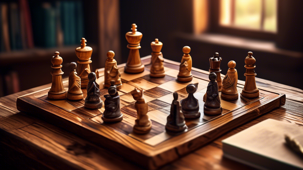 An intricately detailed, high-quality wooden chess set positioned on a rustic wooden table, with a magnifying glass lying next to it highlighting the texture and craft of the chess pieces, set in a co