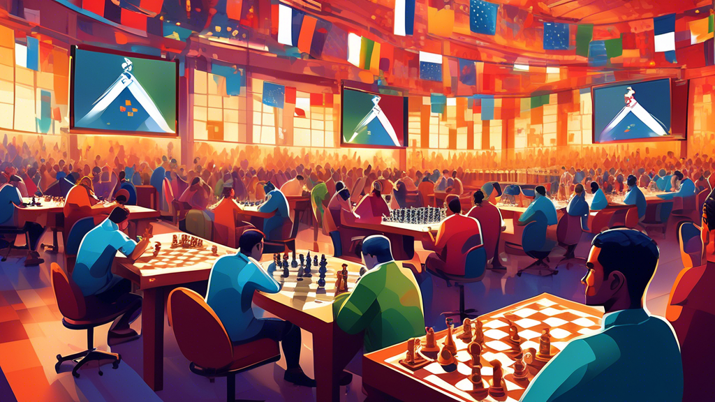 A vibrant digital illustration of a grand chess tournament hall with diverse players seated at tables, concentrating intensely on their games, massive screens displaying ongoing match highlights and r